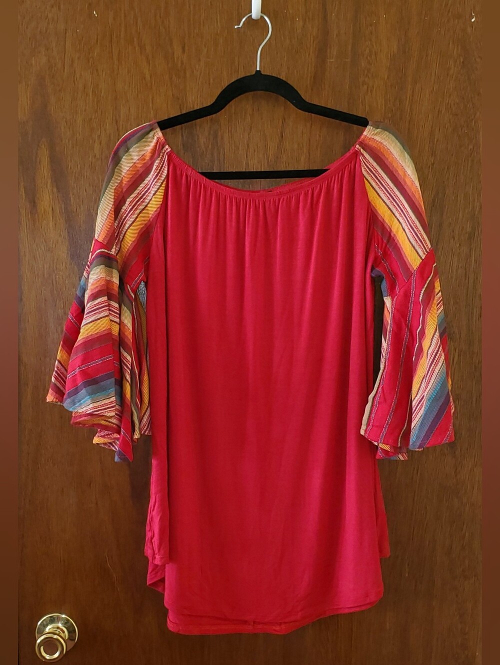 L&B Red Off-Shoulder Top Multicolor Striped Bell Sleeves Sz Large